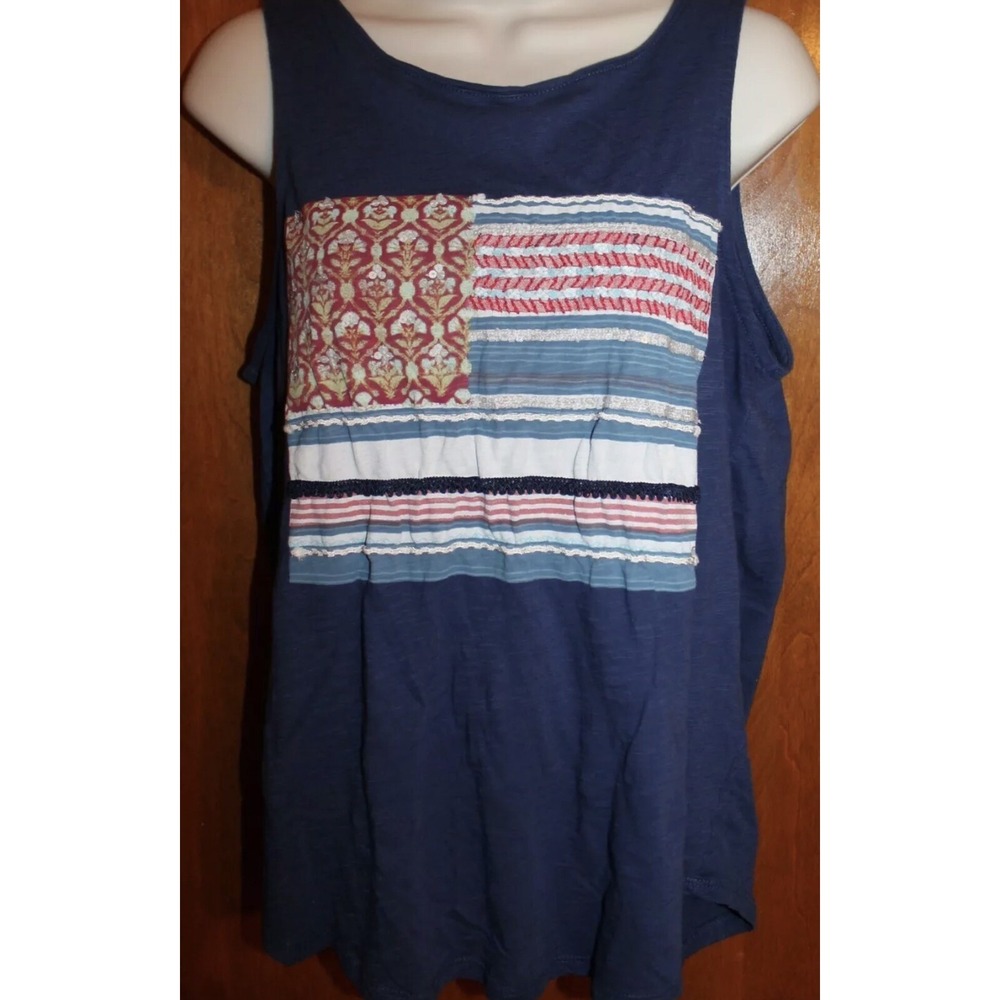 Lucky Brand L Patriotic American Flag Knit Tank Top Sleeveless Cotton Euc